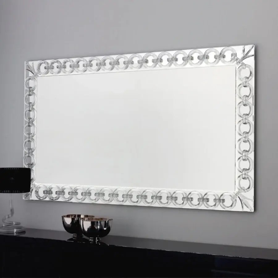 Exceptional Reflex Casanova mirror with extra-clear glass and linked transparent Murano glass rings built with integrated lighting