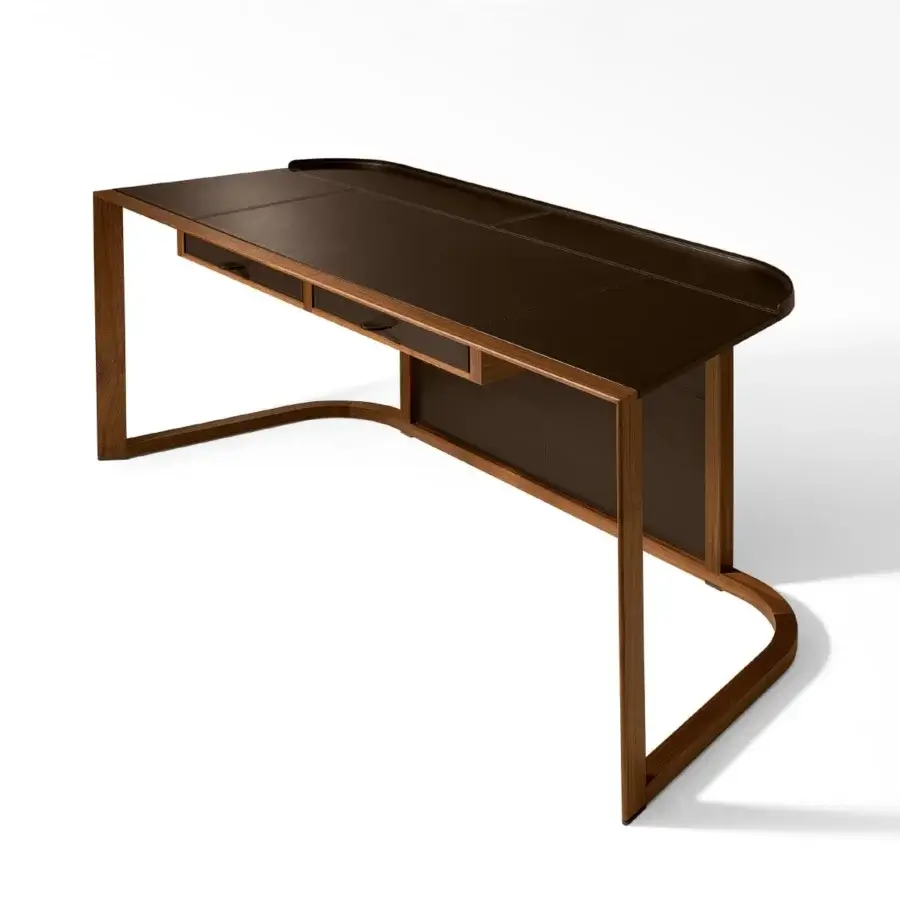 Elegant Giorgetti Ion desk with Canaletto walnut structure and saddle leather top exhibiting smooth surfaces