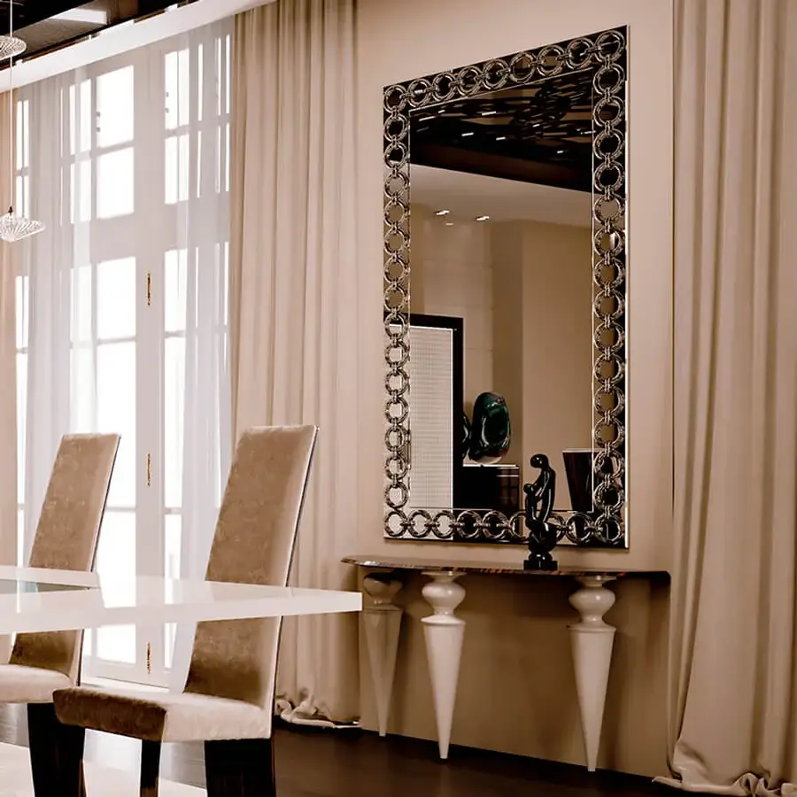 Distinguished Reflex Casanova mirror "O" is a rectangular wall mirror crafted in Italy with transparent Murano glass rings and a glossy finish