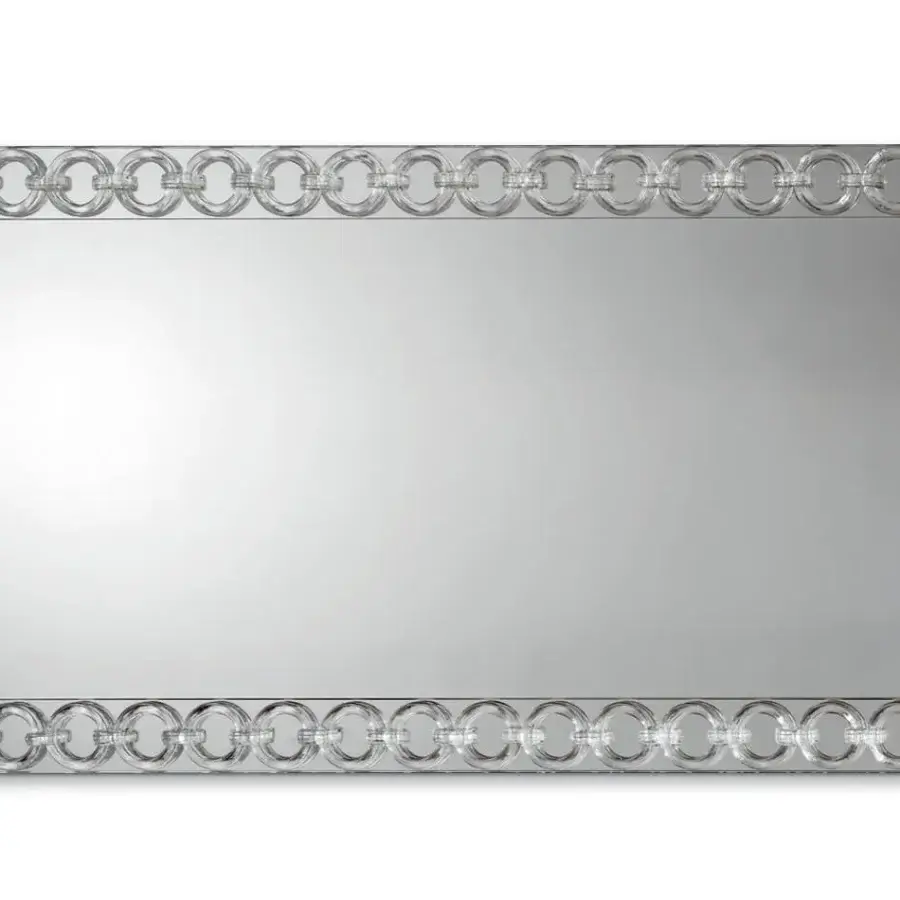 Elegant Reflex Casanova mirror "O" is a rectangular wall mirror crafted in extra-clear glass with interconnected transparent Murano glass rings