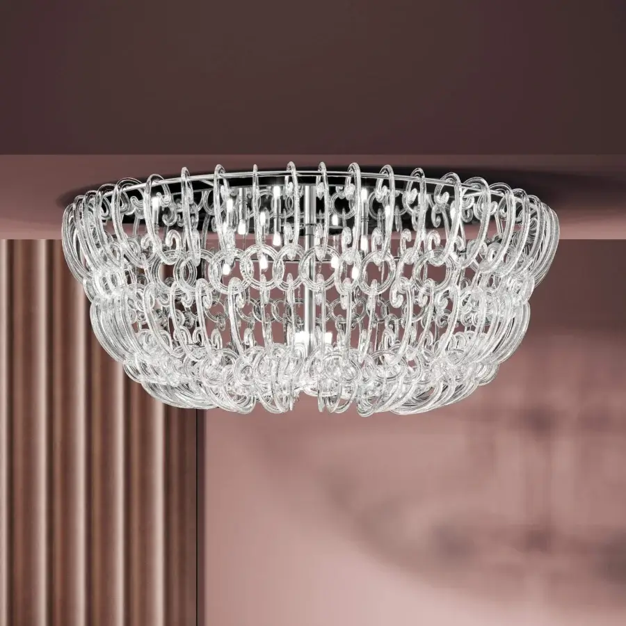 Superior Reflex Casanova ceiling lamp with mirrored glass support and transparent Murano glass elements in a shiny metal structure