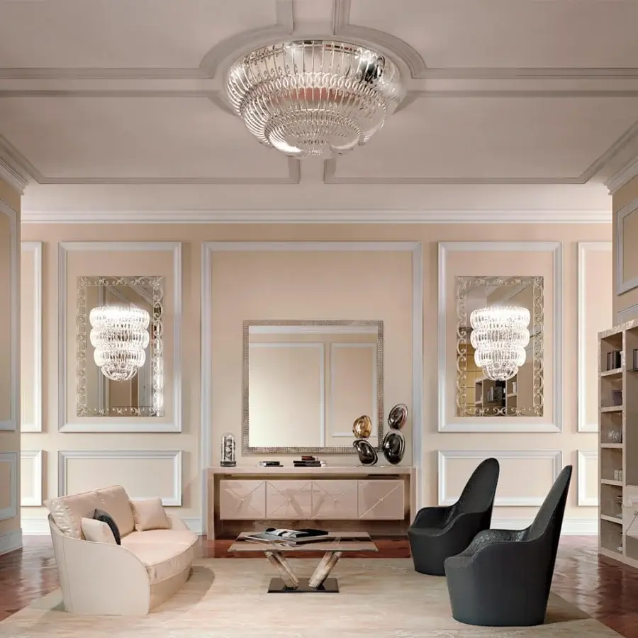 Exclusive Reflex Casanova ceiling lamp with a swirling design and lustrous transparent Murano glass elements crafted in Italy