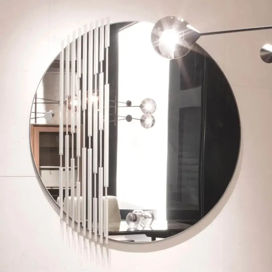 Exclusive Giorgetti Rift mirror with solid ash wood frame and sleek bronze-painted metal dividers offering a contemporary silvered surface