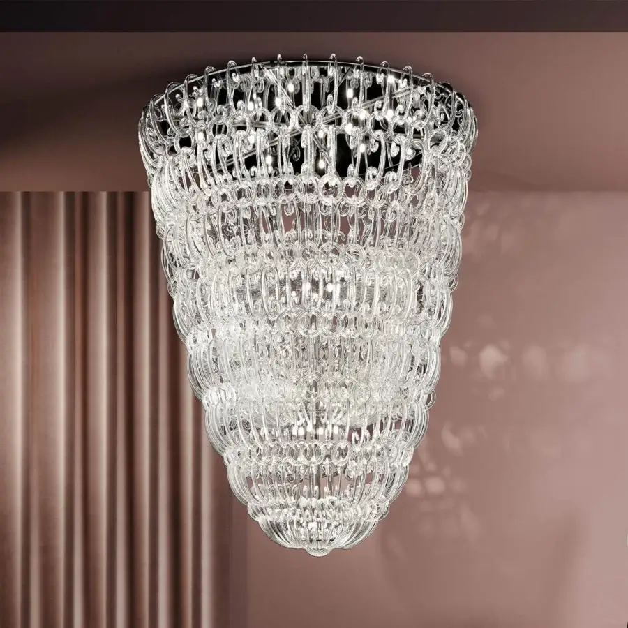 Elegant Reflex Casanova suspension lamp with a cascade of transparent Murano glass elements and shiny metal structure