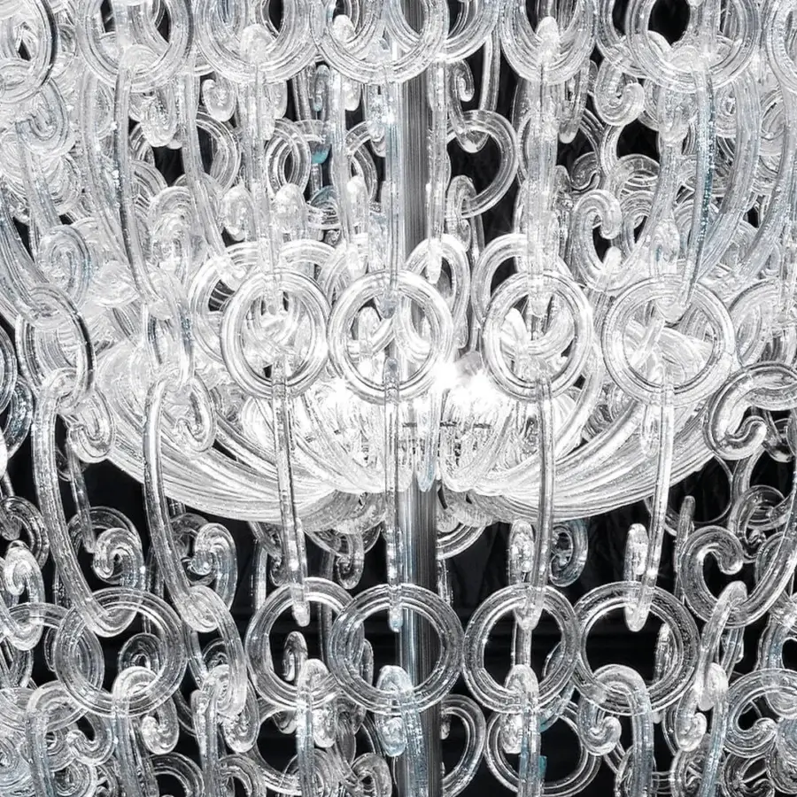 Distinguished Reflex Casanova suspension lamp with cascading transparent Murano glass elements and a shiny metal structure