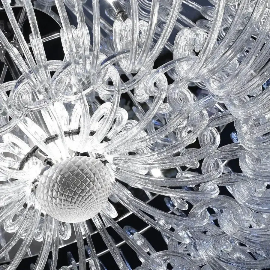 Superior Reflex Casanova suspension lamp crafted in swirling Murano glass with a shiny metal structure providing warm illumination