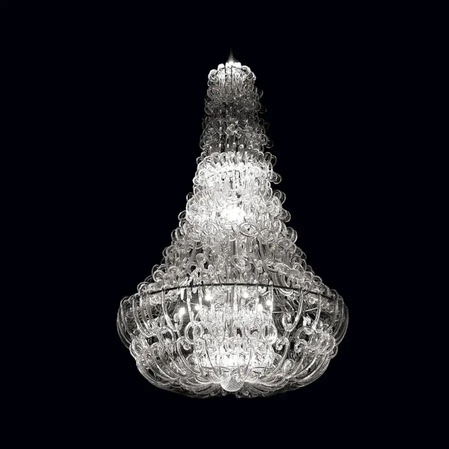 Distinguished Reflex Casanova suspension lamp crafted with mirror glass support and shiny metal, adorned with transparent Murano glass elements
