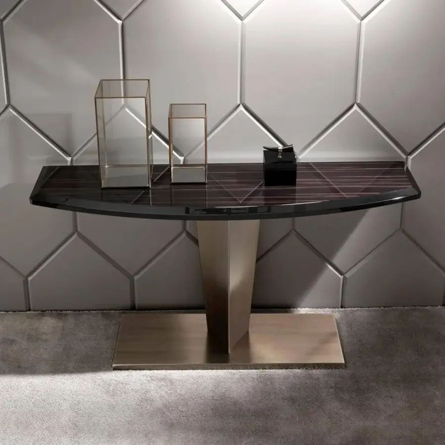 Exceptional DV Home Collection Stanley console with semi-circular glossy dark brown wood and muted gold-tone stainless steel pedestal base