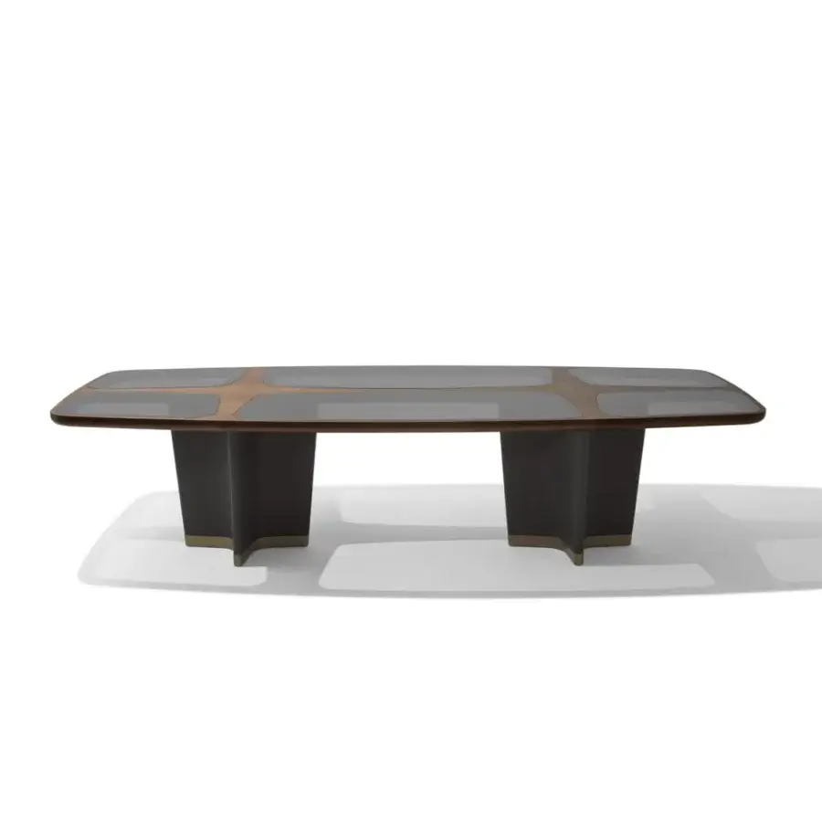 Innovative Giorgetti Bigwig table with shaped Canaletto walnut and Sapele pommelle inserts in a glossy dark gray finish