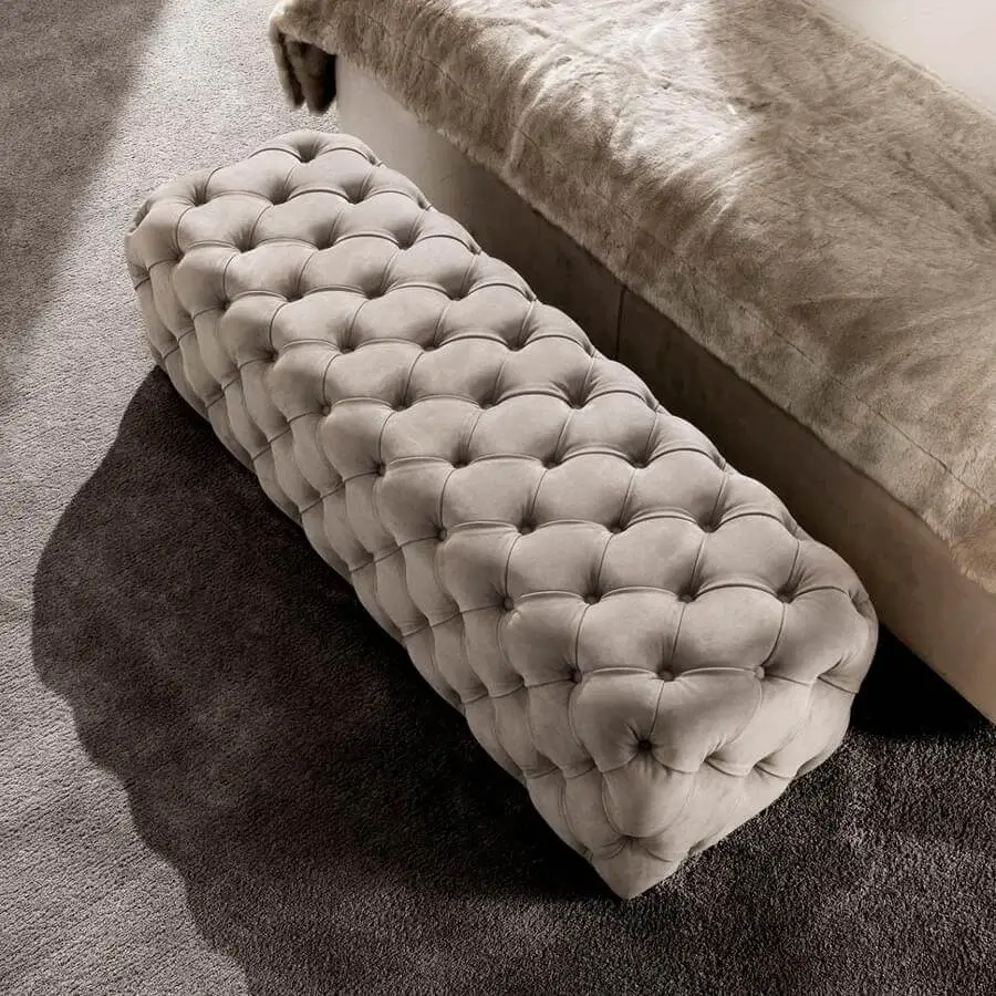 Distinguished DV Home Collection Chelsea bench with light gray textile upholstery and refined tufted cover crafted in Italy