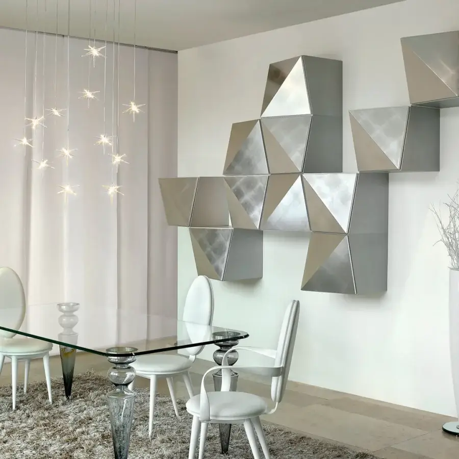 Superior Reflex Origami wall unit crafted in light gray wood with titanium finishing and a shiny lacquered surface