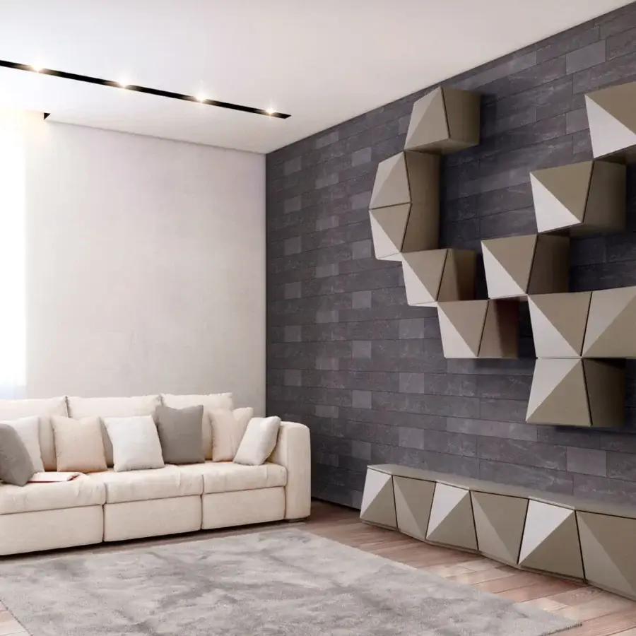 Elegant Reflex Origami wall unit crafted in beige wood with contrasting triangular facets and a matt lacquered finish