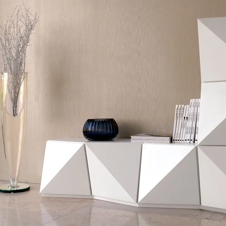 Exceptional Reflex Origami wall unit crafted in Italy with glossy white lacquered finish and geometric silhouette