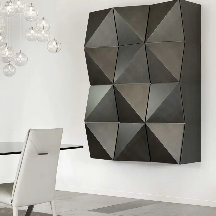 Superior Reflex Origami wall unit presenting a textured matte titanium finish with chromatic contrasts in its geometric form