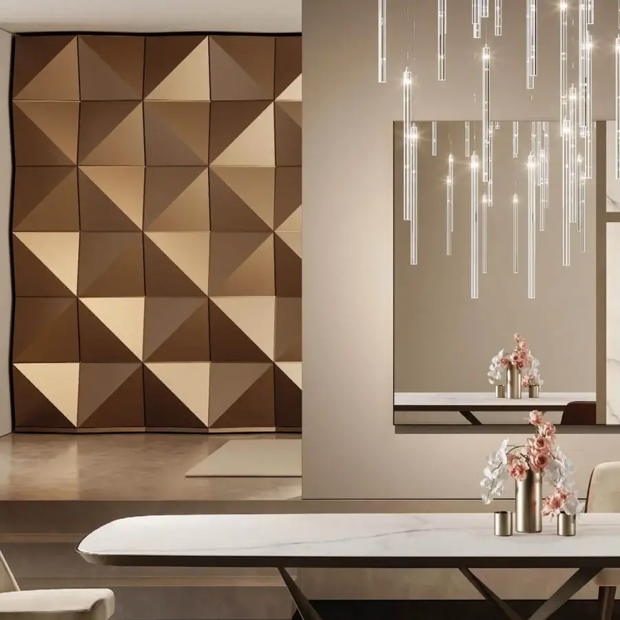 Captivating Reflex Origami wall unit presenting geometric forms built in wood with matte lacquered shades of tan and chocolate