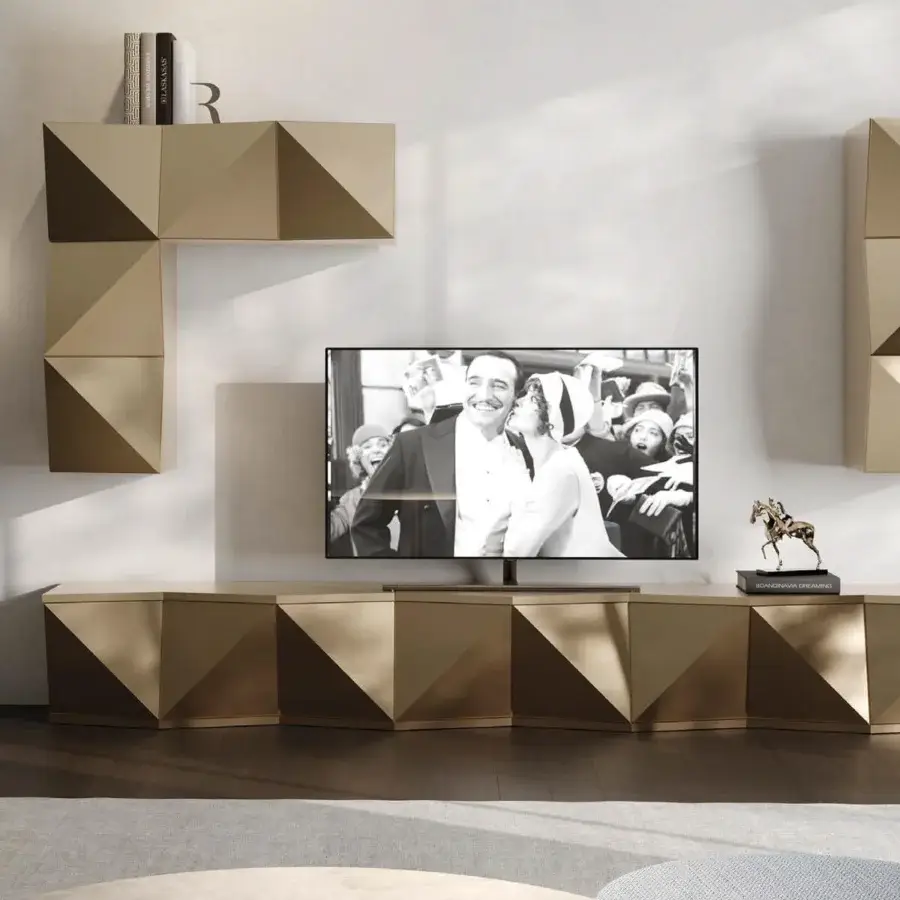 Distinguished Reflex Origami wall unit presenting a lacquered light tan wood finish with geometric closed storage and triangular faces