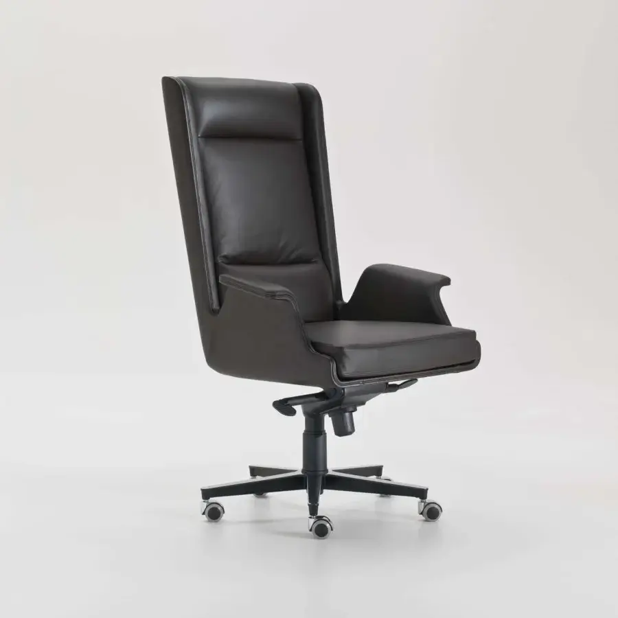 Sophisticated 4 Mariani Garbo armchair with a black chromed swiveling base and dark smooth synthetic upholstery