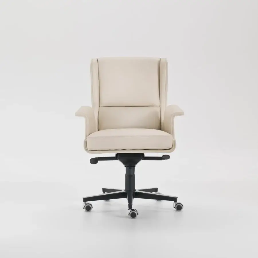 Exclusive 4 Mariani Garbo armchair in light cream synthetic material with a smooth matte finish and black chromed swiveling base