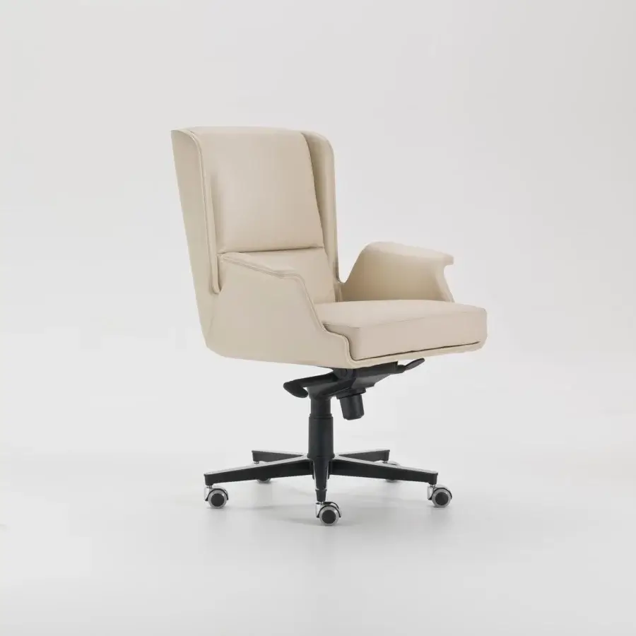 Elegant 4 Mariani Garbo armchair in light beige synthetic material with smooth finish and black chromed swiveling base