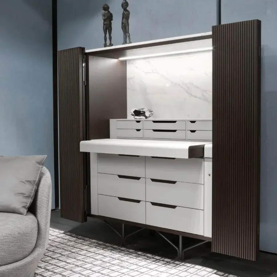 Exclusive Giorgetti Charlotte cupboard with grooved Canaletto walnut doors, white exterior and marble-like back panel presents sophisticated customization