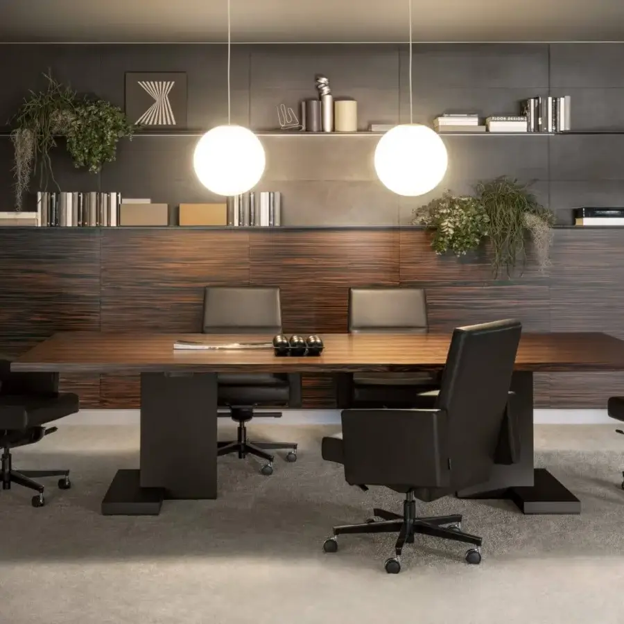Distinguished 4 Mariani Inca table with veneered wood top and dark lacquered legs exhibiting clean lines in dark brown tones