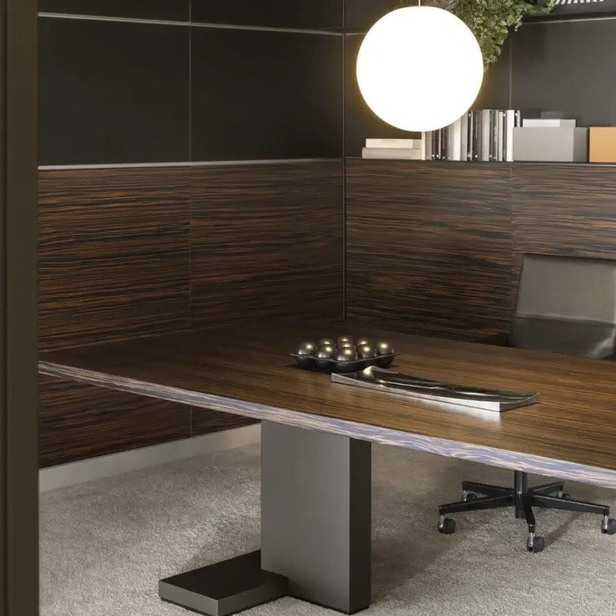Elegant 4 Mariani Inca table with veneered wood top in dark grain and matte gray lacquered leg