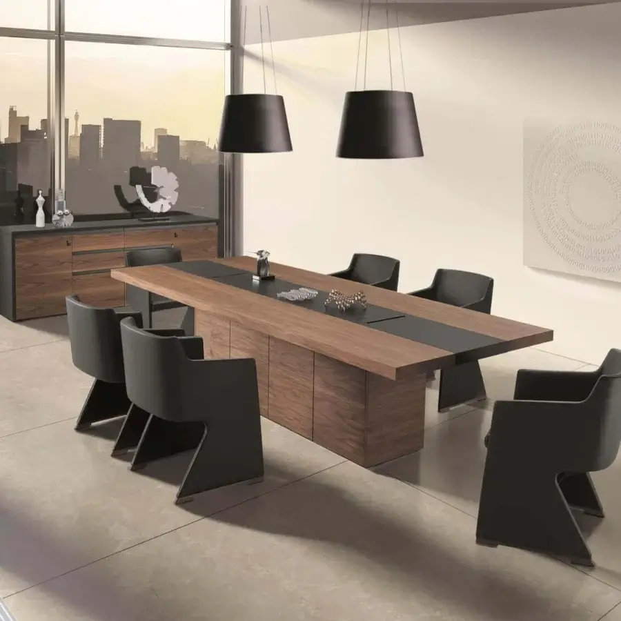 Exceptional 4 Mariani Ophy armchair crafted in dark gray textile with black walnut wood detailing