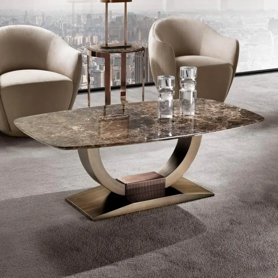 Superior DV Home Collection Hermes Plaza coffee table with glossy marble top and curved brushed metal base with bronze detailing