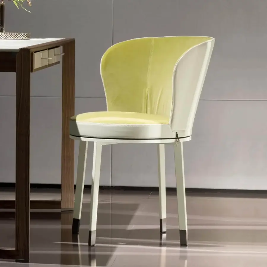 Exceptional Giorgetti Ode chair with vivacious rotating structure and light chartreuse fabric upholstery in a light cream frame