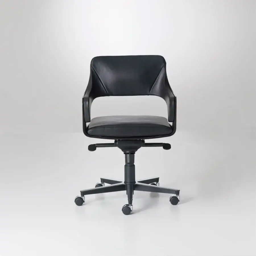 Superior 4 Mariani Silhouette armchair with swivel metal base and black leather seat and back