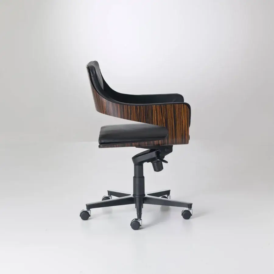 Distinguished 4 Mariani Silhouette armchair with black leather upholstery and lati wood shell crafted with a striped grain pattern