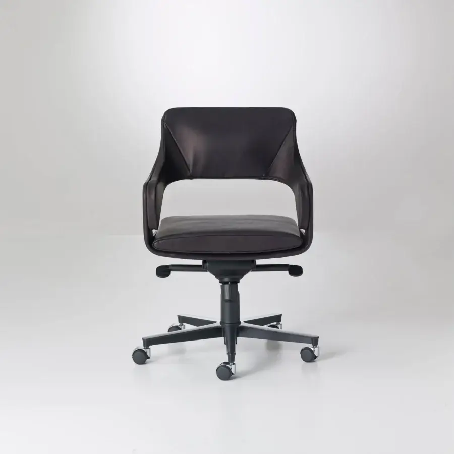Exceptional 4 Mariani Silhouette armchair with wooden frame and supple dark brown leather upholstery exhibiting a smooth matte finish