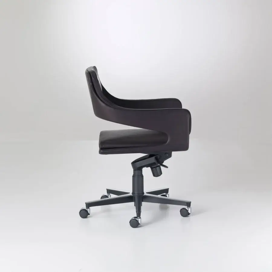 Distinguished 4 Mariani Silhouette armchair with swivel metal base, tilt mechanism, and dark brown leather upholstery with matte finish