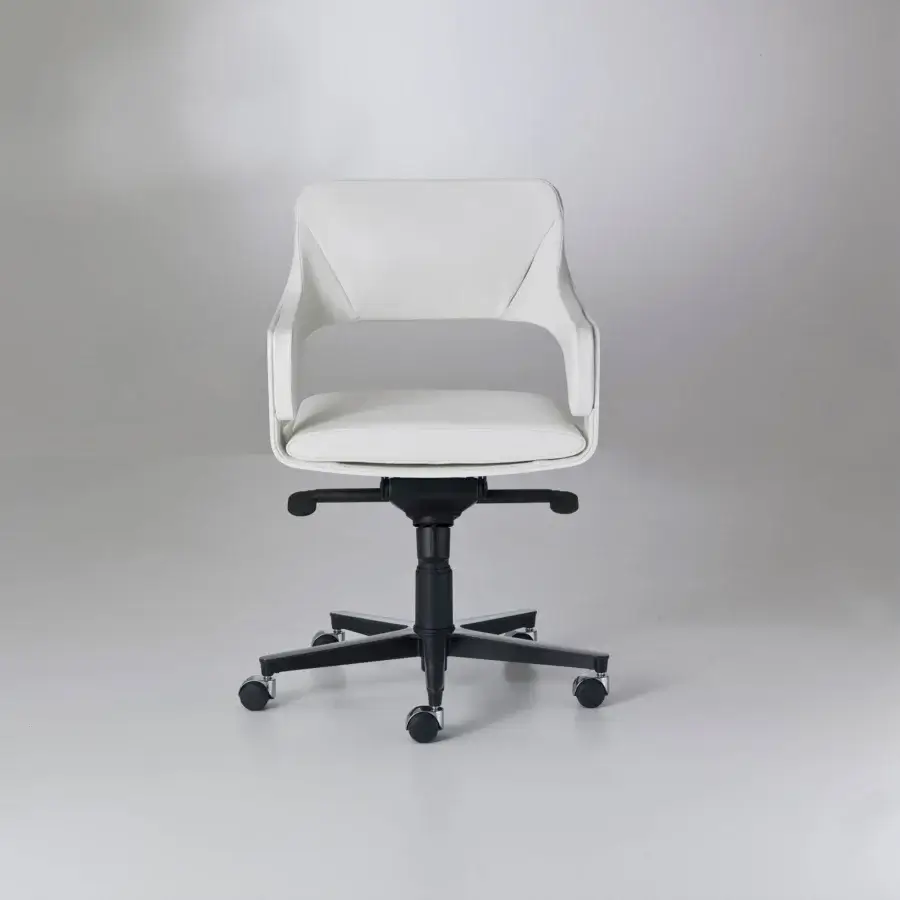 Sophisticated 4 Mariani Silhouette armchair in white synthetic fabric with lacquered wood shell and black metal swivel base