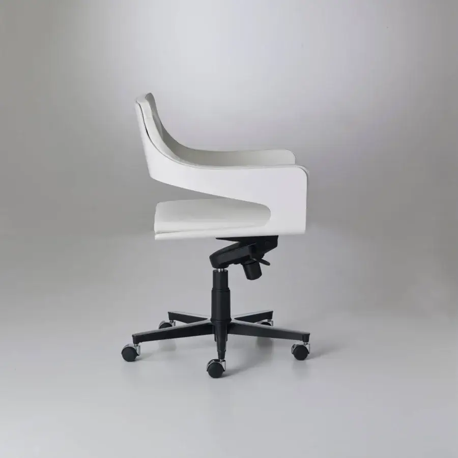 Distinguished 4 Mariani Silhouette armchair with a swivel metal base, bright white fabric and curved white lati wood shell