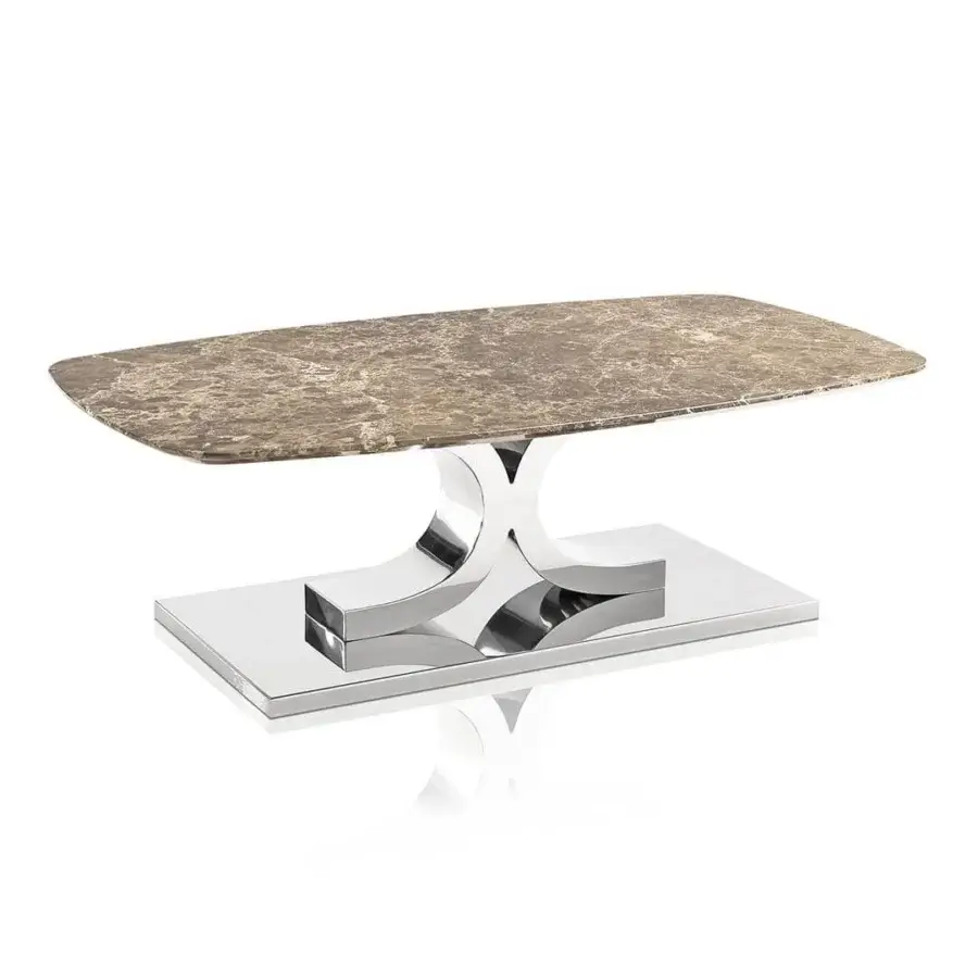 Superior DV Home Collection Kent Plus coffee table with brown and cream marble tabletop and sleek stainless steel base