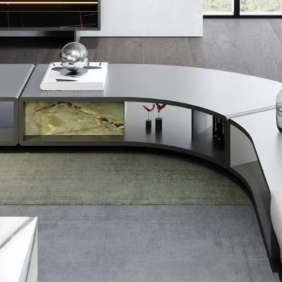Exceptional Reflex Space bookcase with a wooden structure, painted in metallic gray and marble glass with green and brown tones