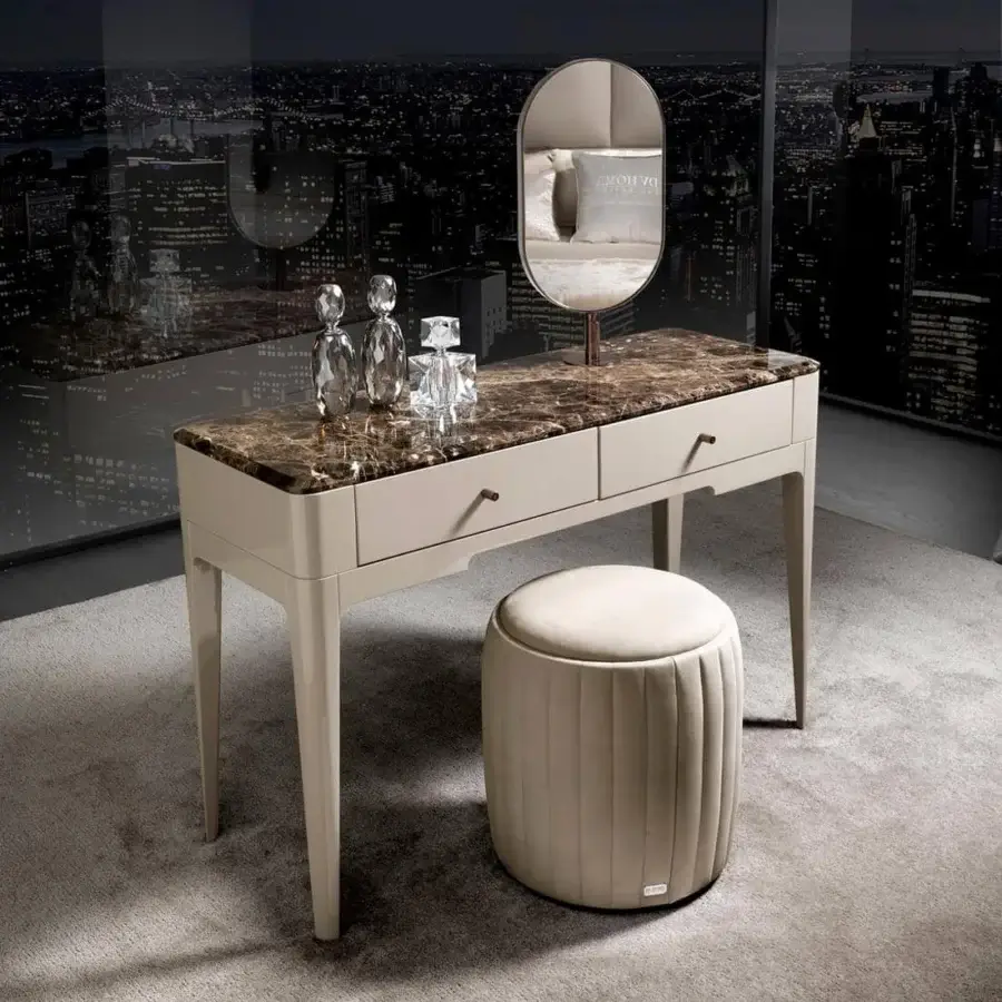 Distinguished DV Home Collection Elite vanity with brown and beige marble-patterned tabletop and glossy lacquer finish