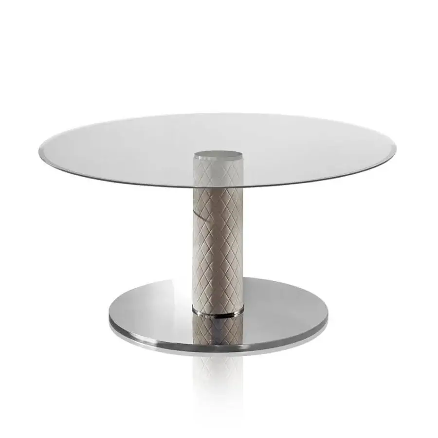 Superior DV Home Collection Adler table with refined extra white tempered glass and quilted leather column built with a polished stainless steel base