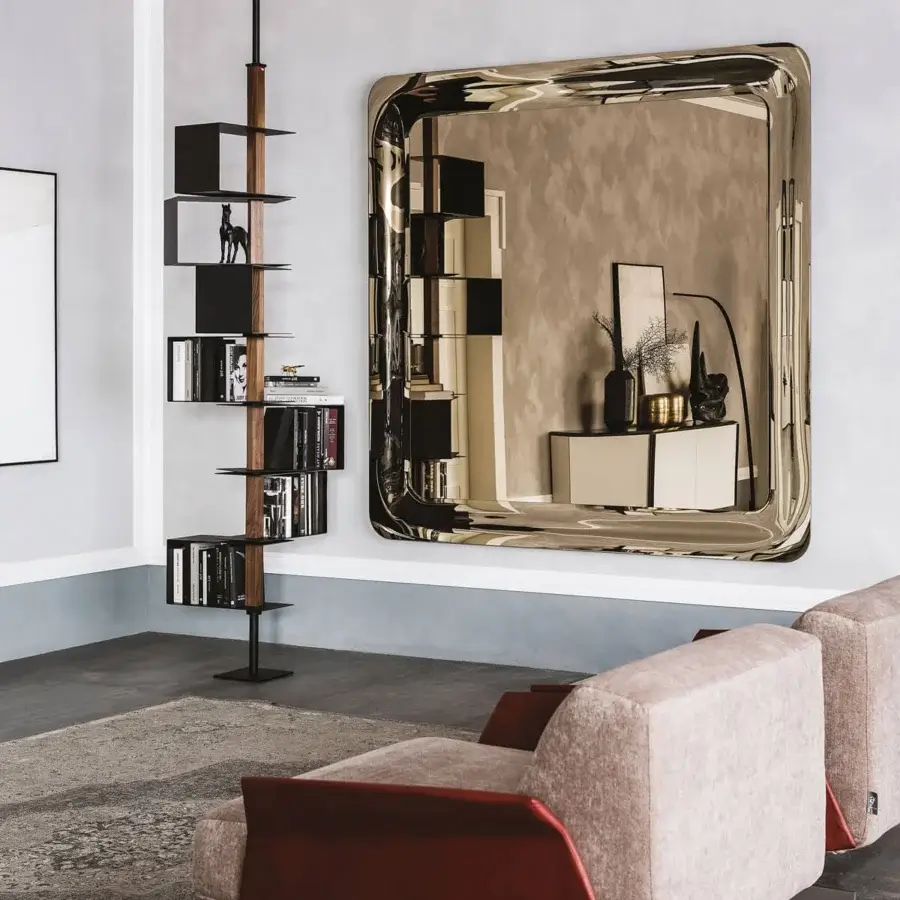 Distinguished Cattelan Italia Glenn mirror with a rounded square silhouette and gilded mirrored glass frame