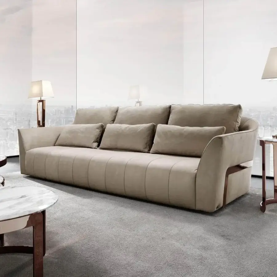 Distinguished DV Home Collection Deco sofa with light beige textile upholstery and bronze finished steel frame