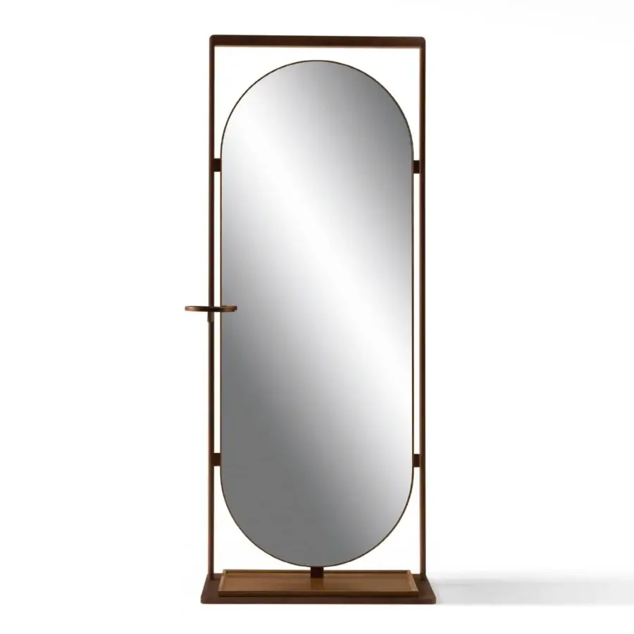 Exceptional Giorgetti Narcisse mirror with slender silhouette crafted in painted metal, veneer, and solid Canaletto walnut