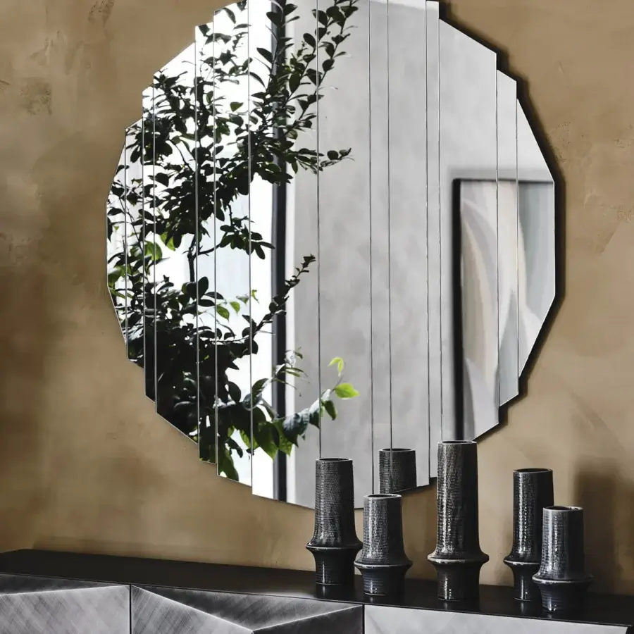 Exceptional Cattelan Italia Stripes mirror crafted in mirrored glass bands with a vertically striped octagonal design