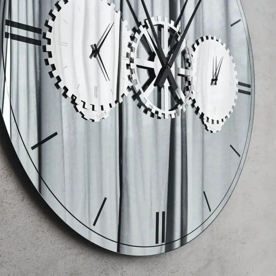 Distinguished Cattelan Italia Times mirror crafted in mirrored glass with silk-screen printing and sleek steel details including three gear-shaped clock faces