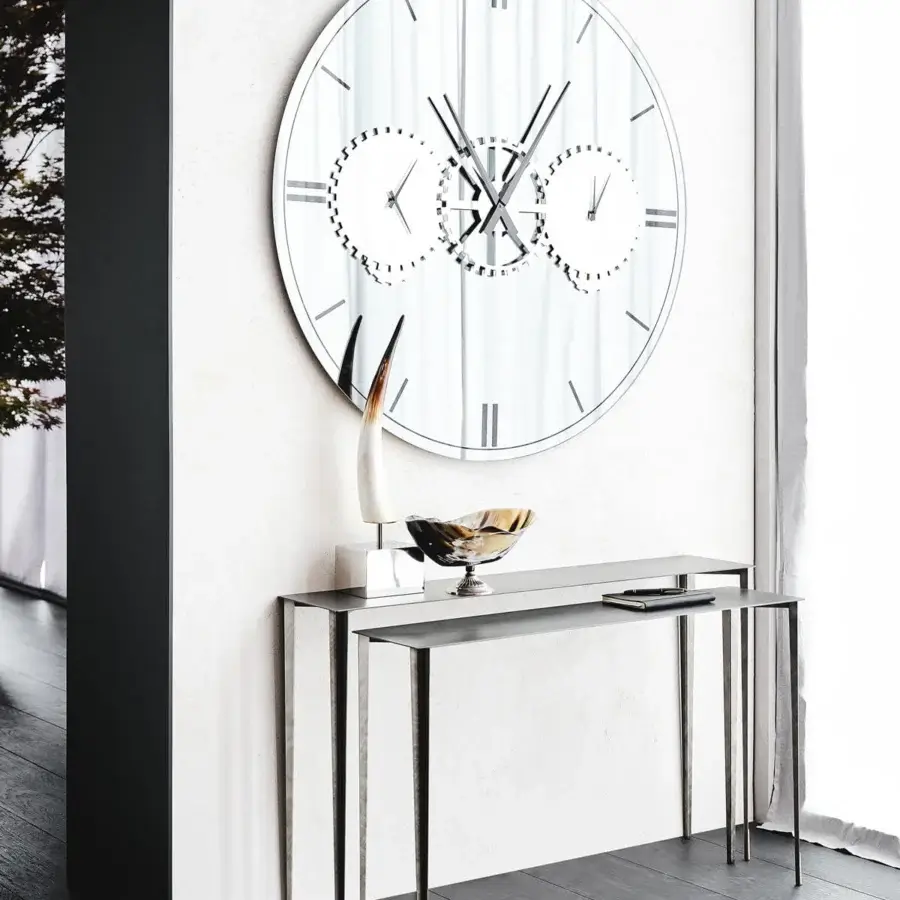 Exceptional Cattelan Italia Times mirror crafted in mirrored glass with sleek steel details and silk-screen printing