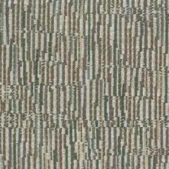 Woven fabric sample featuring vertical rectangular blocks in taupe, teal, gray, olive, and cream, with a textured, linear pattern.