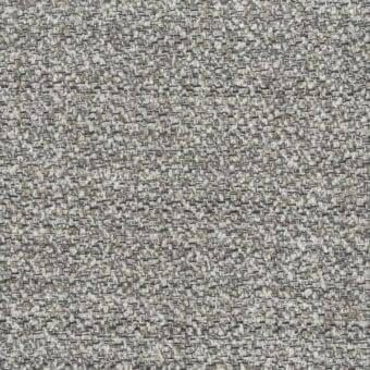 Woven fabric sample in muted gray tones with heathered texture, displaying irregular weave and matte finish; includes brand text.