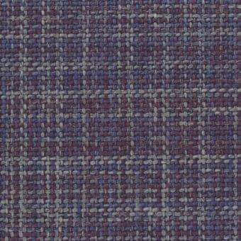 Mariani Gunnar fabric sample, plum tweed with gray and blue, grid pattern, matte finish, dense nubby weave, textile swatch.