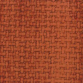 Terracotta fabric sample with repeating block pattern, woven texture, and subtle tonal variations; label reads "mariani > fabric > le fate."