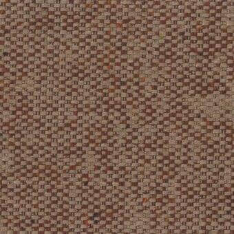 Woven fabric sample, brown and beige tones, square grid texture with rust and terracotta accents, matte finish, white label with text.